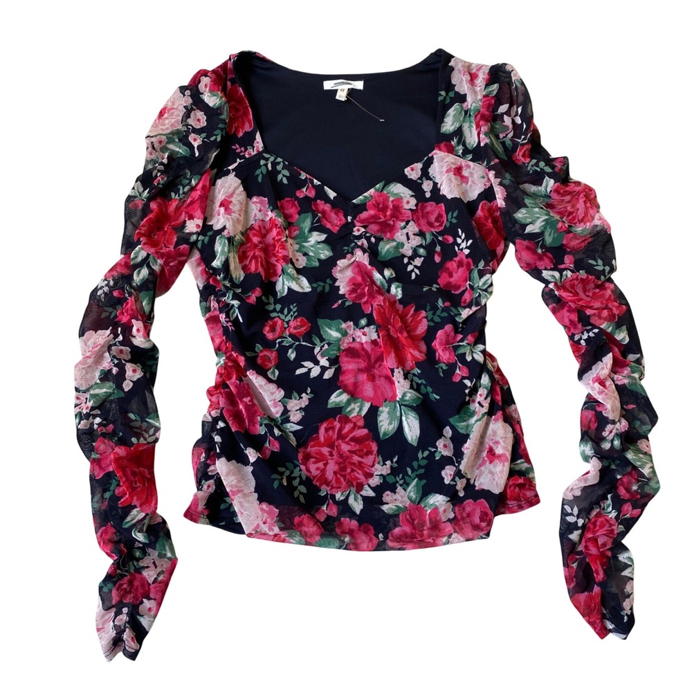 Maurices Whimisgoth Dark Floral Ruched Mesh Top M Red Rose Long Sleeve Romantic